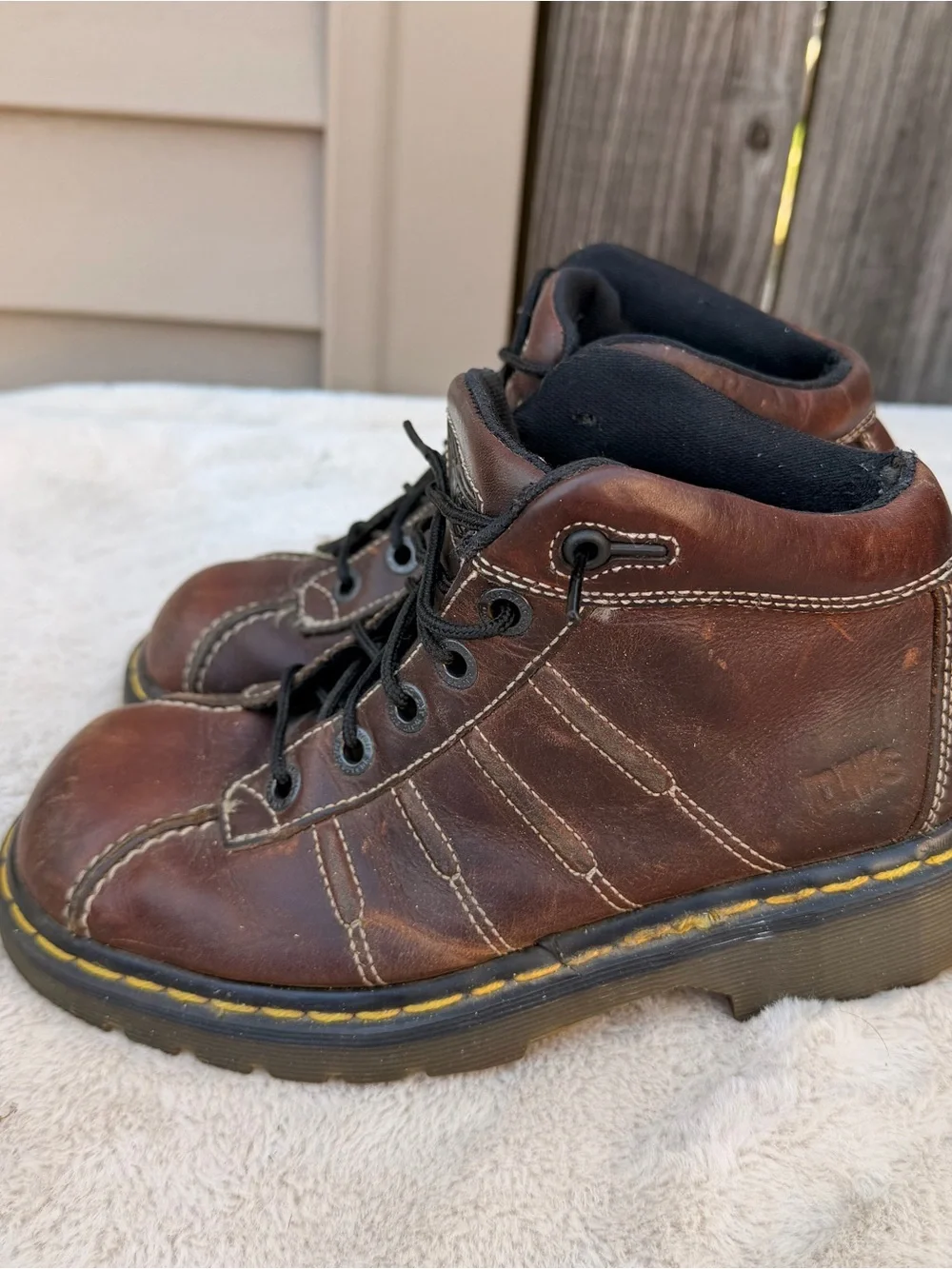 Dr. Martens Brown Leather Lace-Up Work Boots with Yellow Stitching